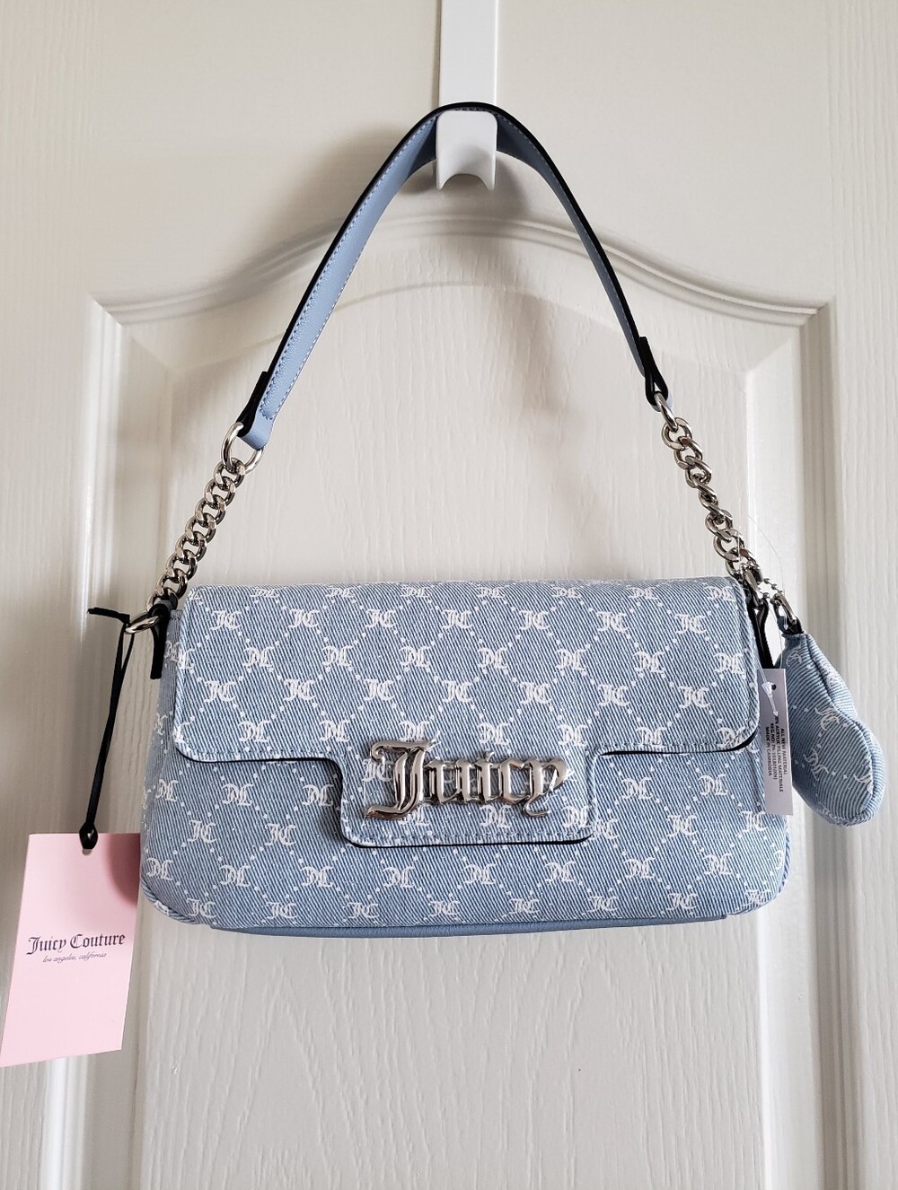 Juicy Couture Lt Denim White She's The Moment Flap Shoulder Bag & Bag Charm NWT